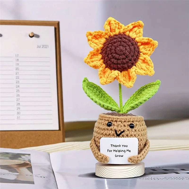 Handmade Crochet Sunflower Desktop Decor with "Thank You for Helping Me Grow" Message - Fabric Office & Car Decoration for WoMen