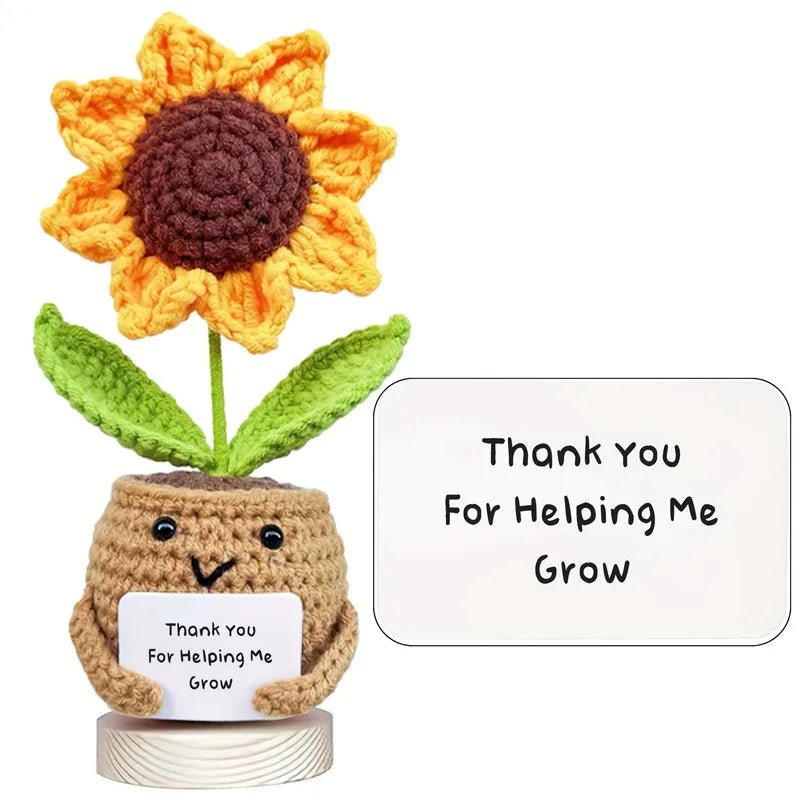 Handmade Crochet Sunflower Desktop Decor with "Thank You for Helping Me Grow" Message - Fabric Office & Car Decoration for WoMen