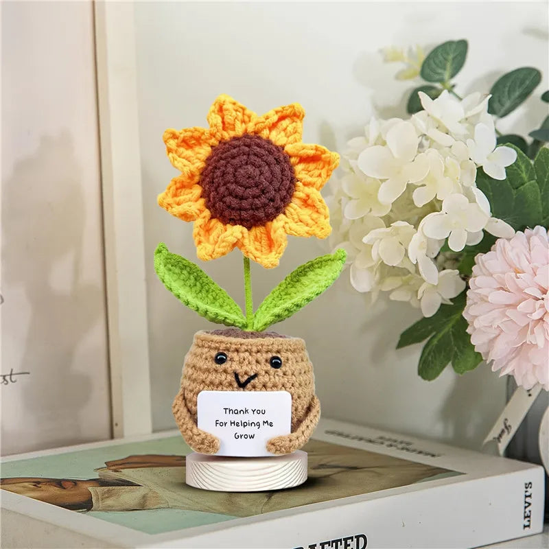 Handmade Crochet Sunflower Desktop Decor with "Thank You for Helping Me Grow" Message - Fabric Office & Car Decoration for WoMen