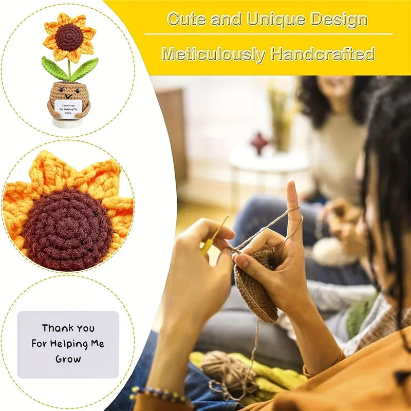 Handmade Crochet Sunflower Desktop Decor with "Thank You for Helping Me Grow" Message - Fabric Office & Car Decoration for WoMen