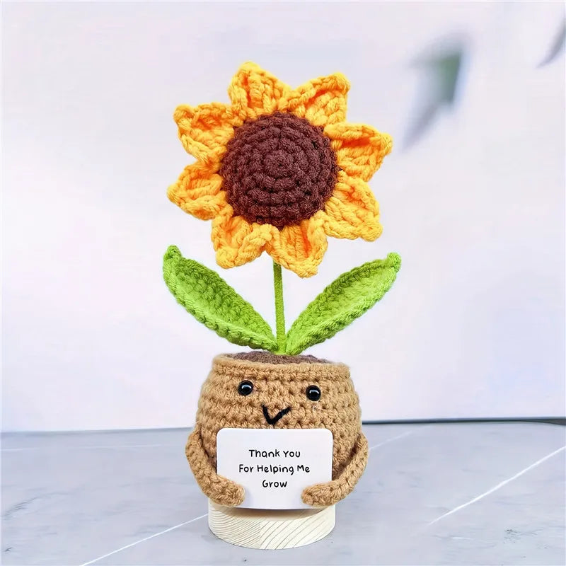 Handmade Crochet Sunflower Desktop Decor with "Thank You for Helping Me Grow" Message - Fabric Office & Car Decoration for WoMen